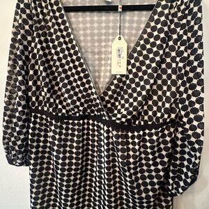 Studio M Black Wrap Blouse with Long Sleeves and Checkered Pattern